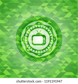 old tv, television icon inside realistic green emblem. Mosaic background