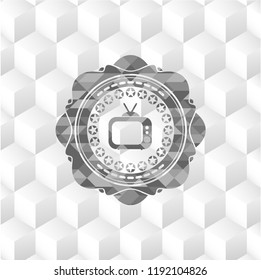 old tv, television icon inside grey emblem with geometric cube white background