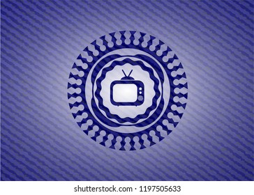 old tv, television icon inside badge with jean texture