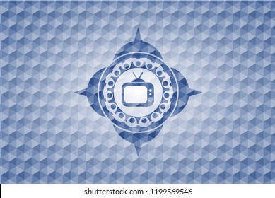 old tv, television icon inside blue emblem with geometric pattern.