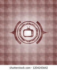 old tv, television icon inside red seamless emblem with geometric background.