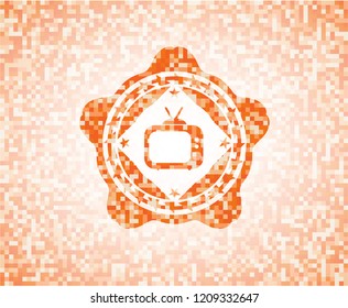 old tv, television icon inside orange mosaic emblem with background