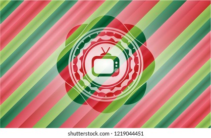 old tv, television icon inside christmas badge background.