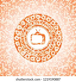 old tv, television icon inside abstract orange mosaic emblem with background