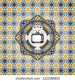 old tv, television icon inside arabesque badge background. arabic decoration.