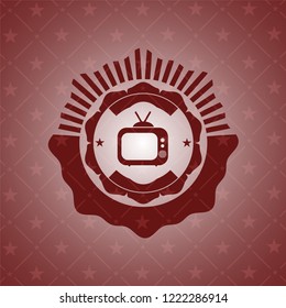 old tv, television icon inside red emblem. Vintage.