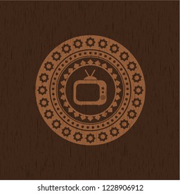 old tv, television icon inside realistic wood emblem