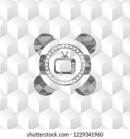 old tv, television icon inside realistic grey emblem with geometric cube white background