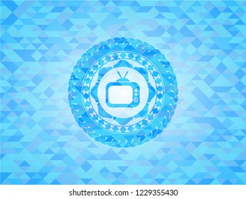 old tv, television icon inside light blue emblem with mosaic ecological style background