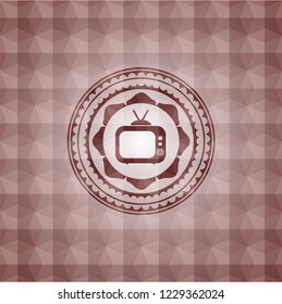 old tv, television icon inside red seamless badge with geometric background.