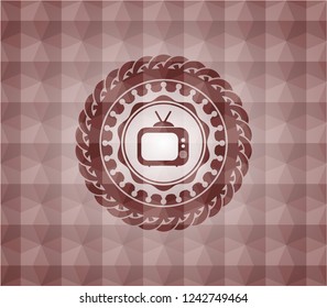 old tv, television icon inside red seamless emblem or badge with abstract geometric polygonal pattern background.