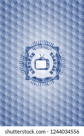 old tv, television icon inside blue polygonal emblem.