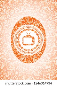 old tv, television icon inside abstract emblem, orange mosaic background