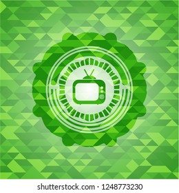 old tv, television icon inside green emblem with mosaic background