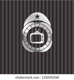 old tv, television icon inside silvery badge or emblem