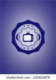 old tv, television icon inside emblem with jean texture
