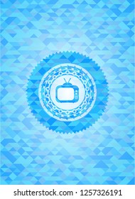 old tv, television icon inside sky blue emblem. Mosaic background