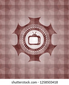 old tv, television icon inside red emblem or badge with abstract geometric pattern background. Seamless.
