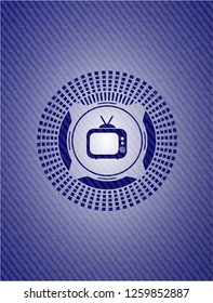 old tv, television icon inside emblem with jean texture