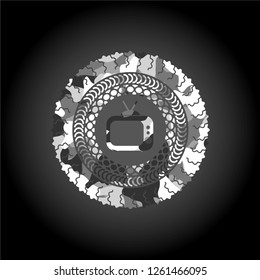 old tv, television icon inside grey camouflaged emblem