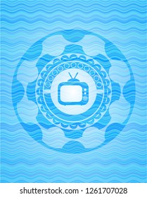 old tv, television icon inside water representation badge.