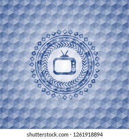 old tv, television icon inside blue polygonal badge.