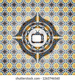 old tv, television icon inside arabesque style badge. arabic decoration.
