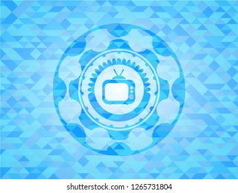old tv, television icon inside light blue mosaic emblem