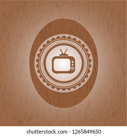 old tv, television icon inside retro style wood emblem