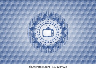 old tv, television icon inside blue badge with geometric background.