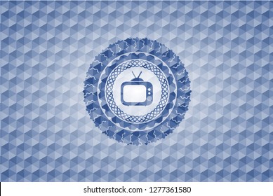 old tv, television icon inside blue emblem with geometric pattern background.