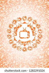 old tv, television icon inside orange mosaic emblem