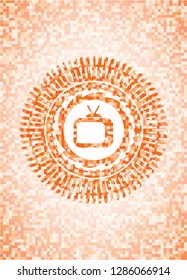 old tv, television icon inside orange mosaic emblem