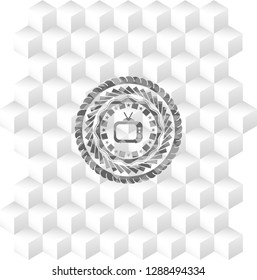 old tv, television icon inside grey emblem. Retro with geometric cube white background