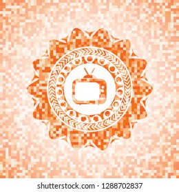old tv, television icon inside orange mosaic emblem with background