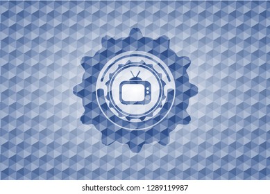 old tv, television icon inside blue emblem or badge with abstract geometric polygonal pattern background.