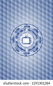 old tv, television icon inside blue hexagon emblem.