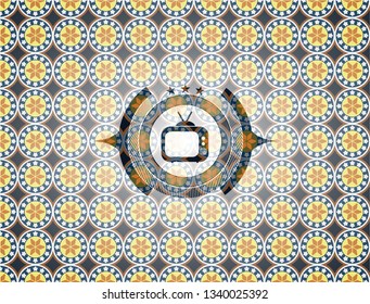 old tv, television icon inside arabic style badge. Arabesque decoration.
