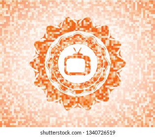 old tv, television icon inside orange mosaic emblem with background