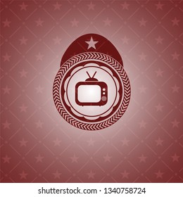 old tv, television icon inside red emblem. Vintage.