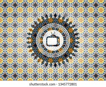 old tv, television icon inside arabic style emblem. Arabesque decoration.