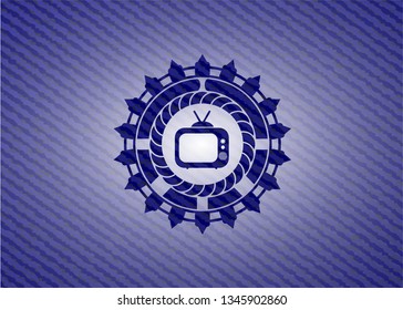 old tv, television icon inside badge with jean texture