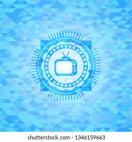 old tv, television icon inside light blue emblem. Mosaic background