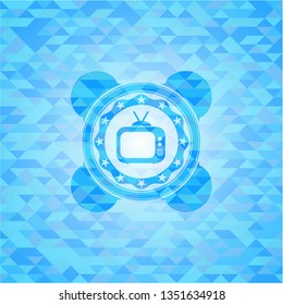 old tv, television icon inside light blue emblem with triangle mosaic background