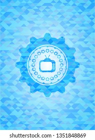 old tv, television icon inside realistic sky blue mosaic emblem