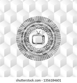 old tv, television icon inside retro style grey emblem with geometric cube white background