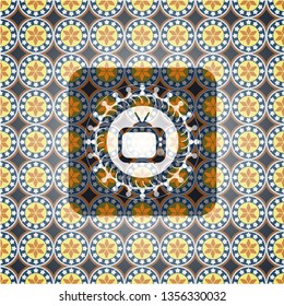 old tv, television icon inside arabesque badge. arabic decoration.