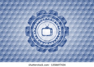 old tv, television icon inside blue badge with geometric background.