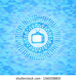 old tv, television icon inside sky blue emblem with triangle mosaic background