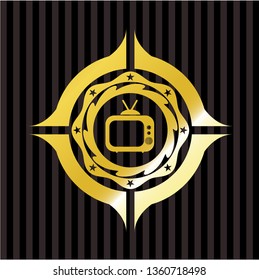 old tv, television icon inside golden emblem or badge